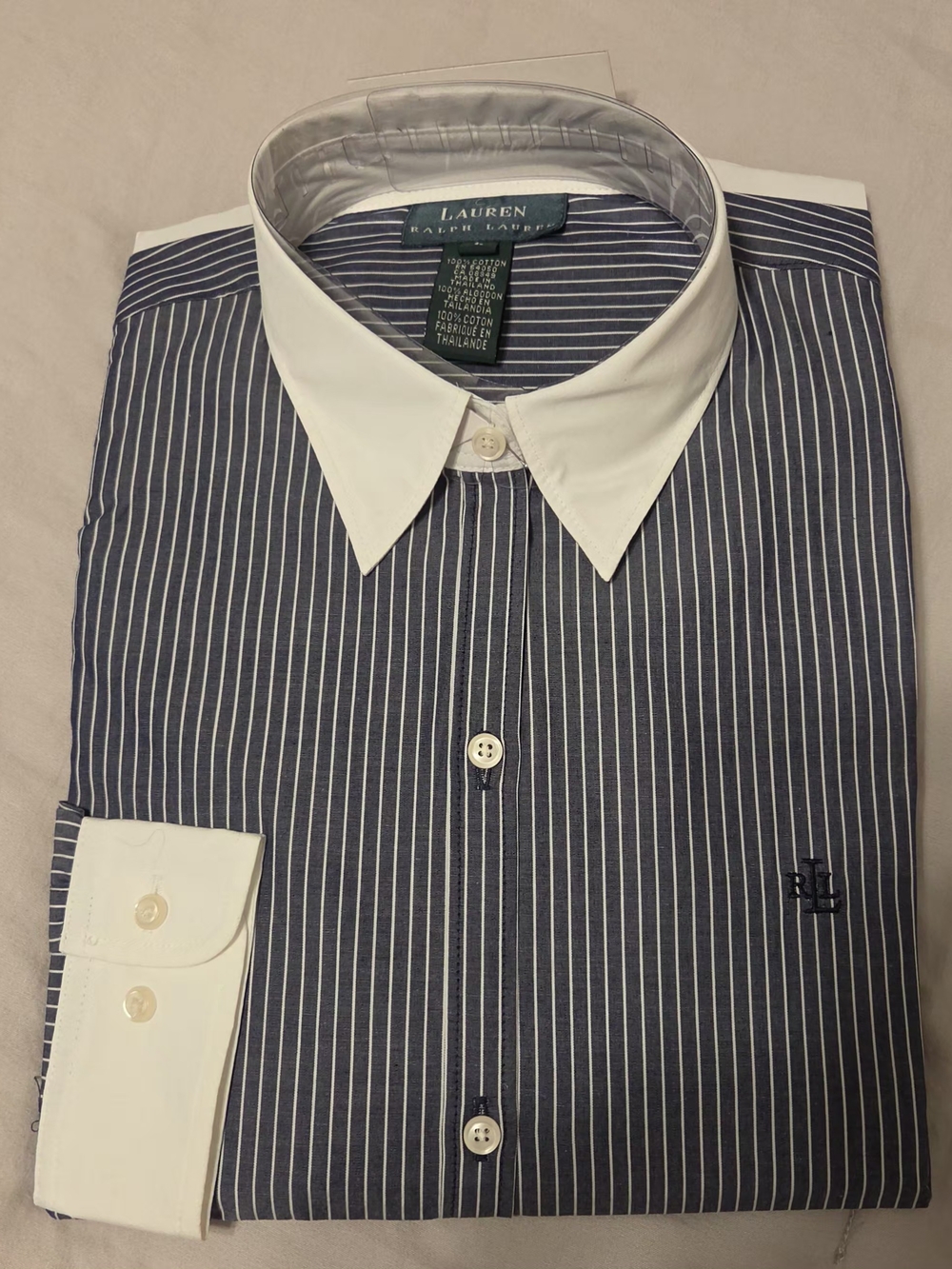 NWT Lauren Ralph Lauren Oxfordshire Striped Shirt L White Contrast Collar Cuff